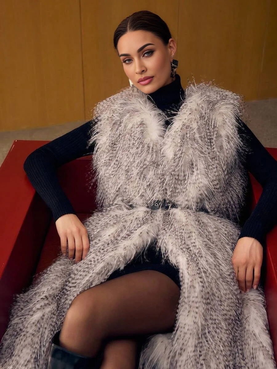 PREMIUM FAUX FUR VEST COAT WITH BELT FALL WINTER