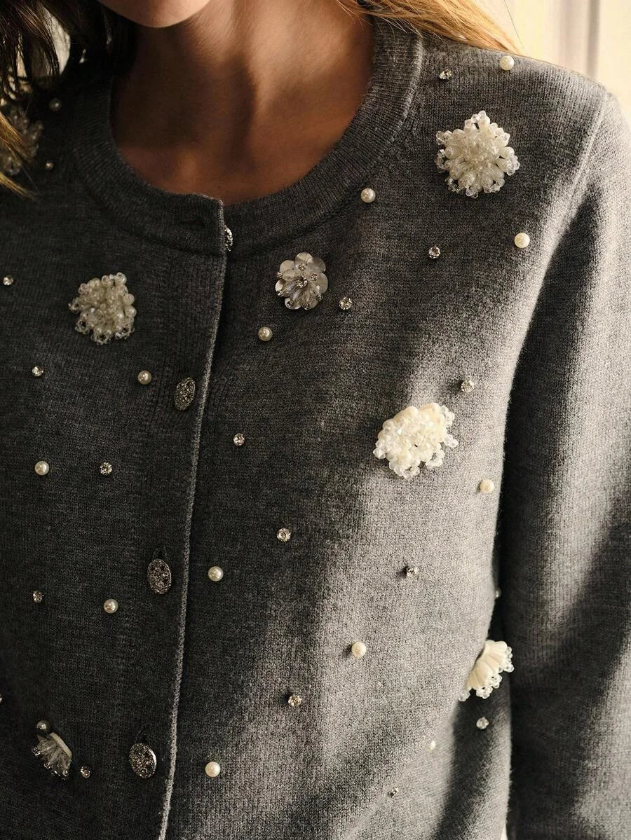 PREMIUM FAUX PEARL amp RHINESTONE BUTTON UP CARDIGAN FOR AUTUMN amp WINTER