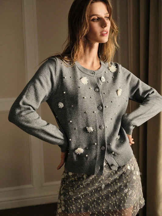 PREMIUM FAUX PEARL amp RHINESTONE BUTTON UP CARDIGAN FOR AUTUMN amp WINTER