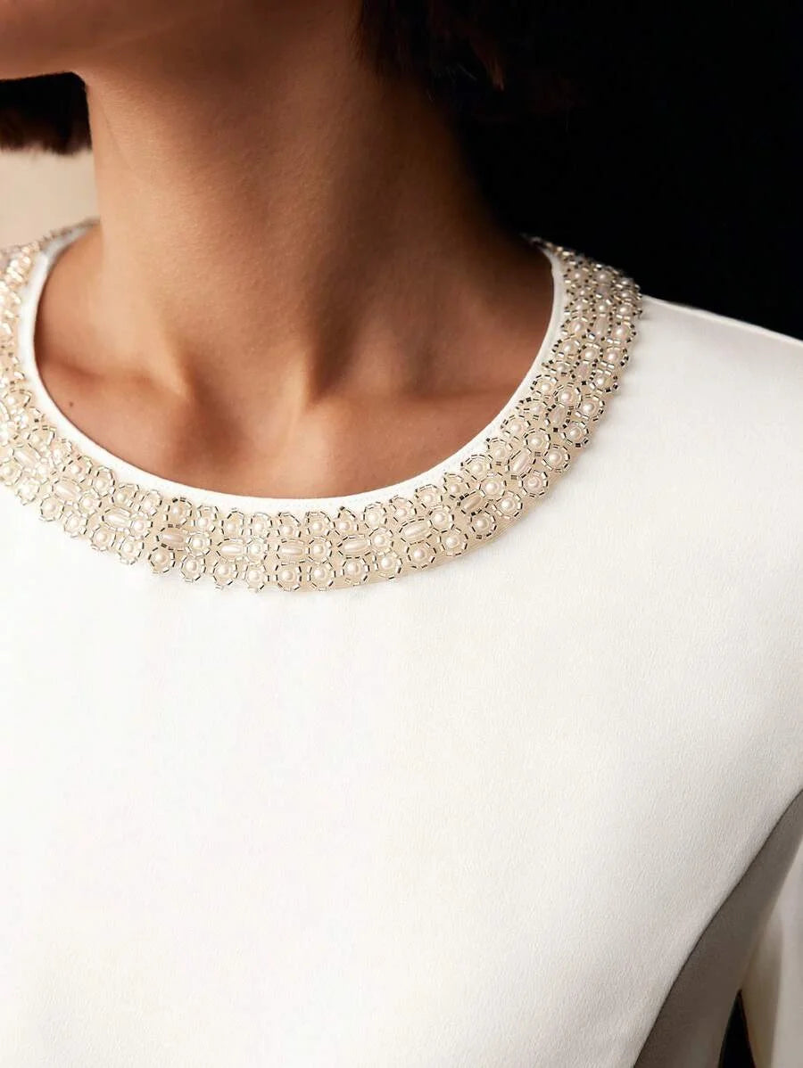 PREMIUM FAUX PEARL AND BEADED DETAIL RUCHED WAIST MIDI DRESS