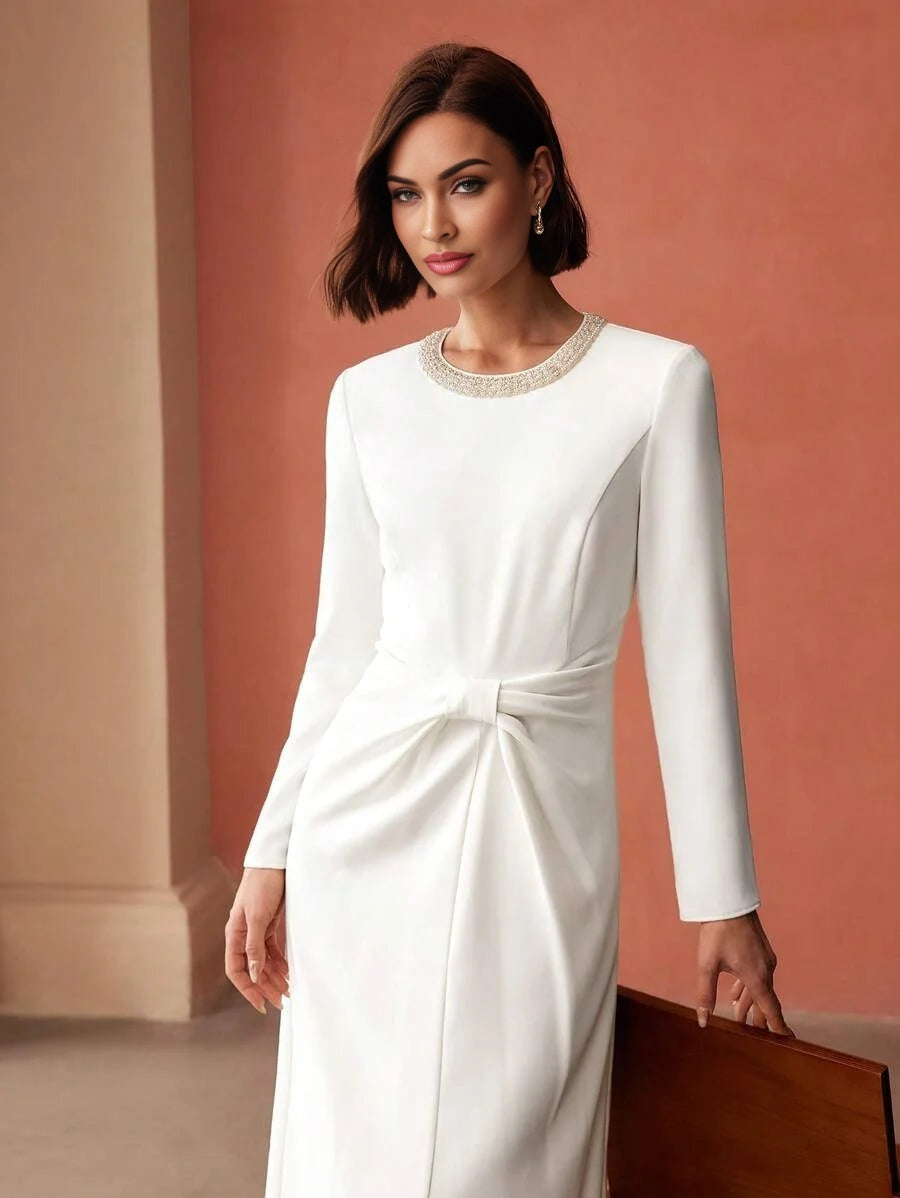 PREMIUM FAUX PEARL AND BEADED DETAIL RUCHED WAIST MIDI DRESS