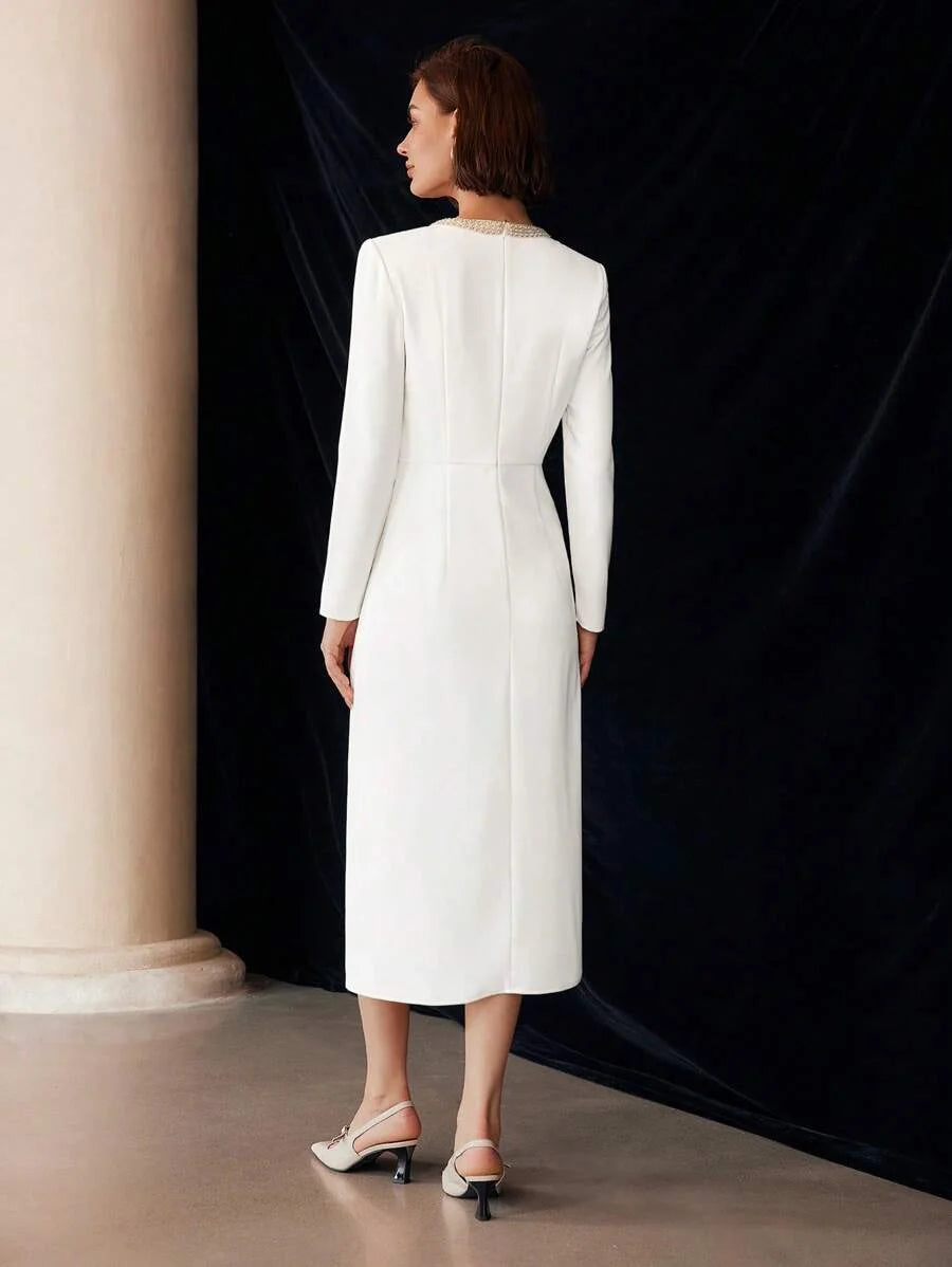 PREMIUM FAUX PEARL AND BEADED DETAIL RUCHED WAIST MIDI DRESS