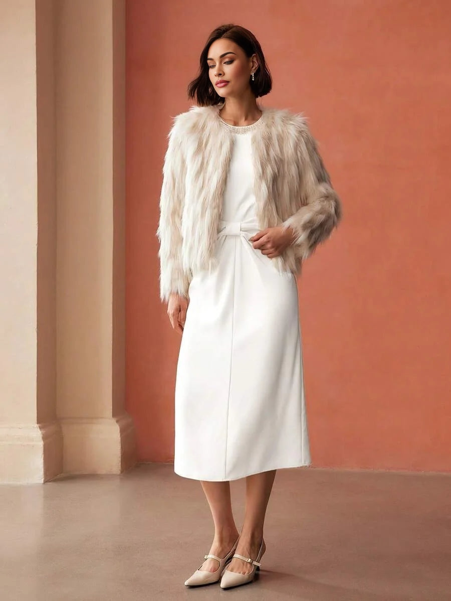 PREMIUM FAUX PEARL AND BEADED DETAIL RUCHED WAIST MIDI DRESS