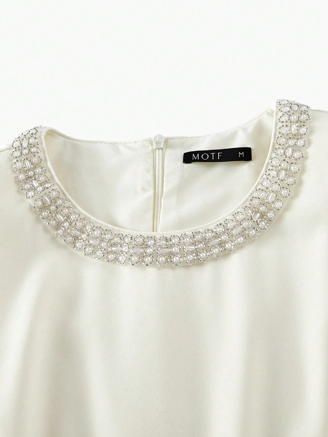 PREMIUM FAUX PEARL AND BEADED DETAIL RUCHED WAIST MIDI DRESS