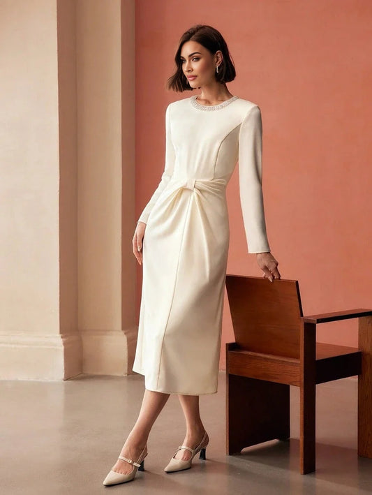 PREMIUM FAUX PEARL AND BEADED DETAIL RUCHED WAIST MIDI DRESS