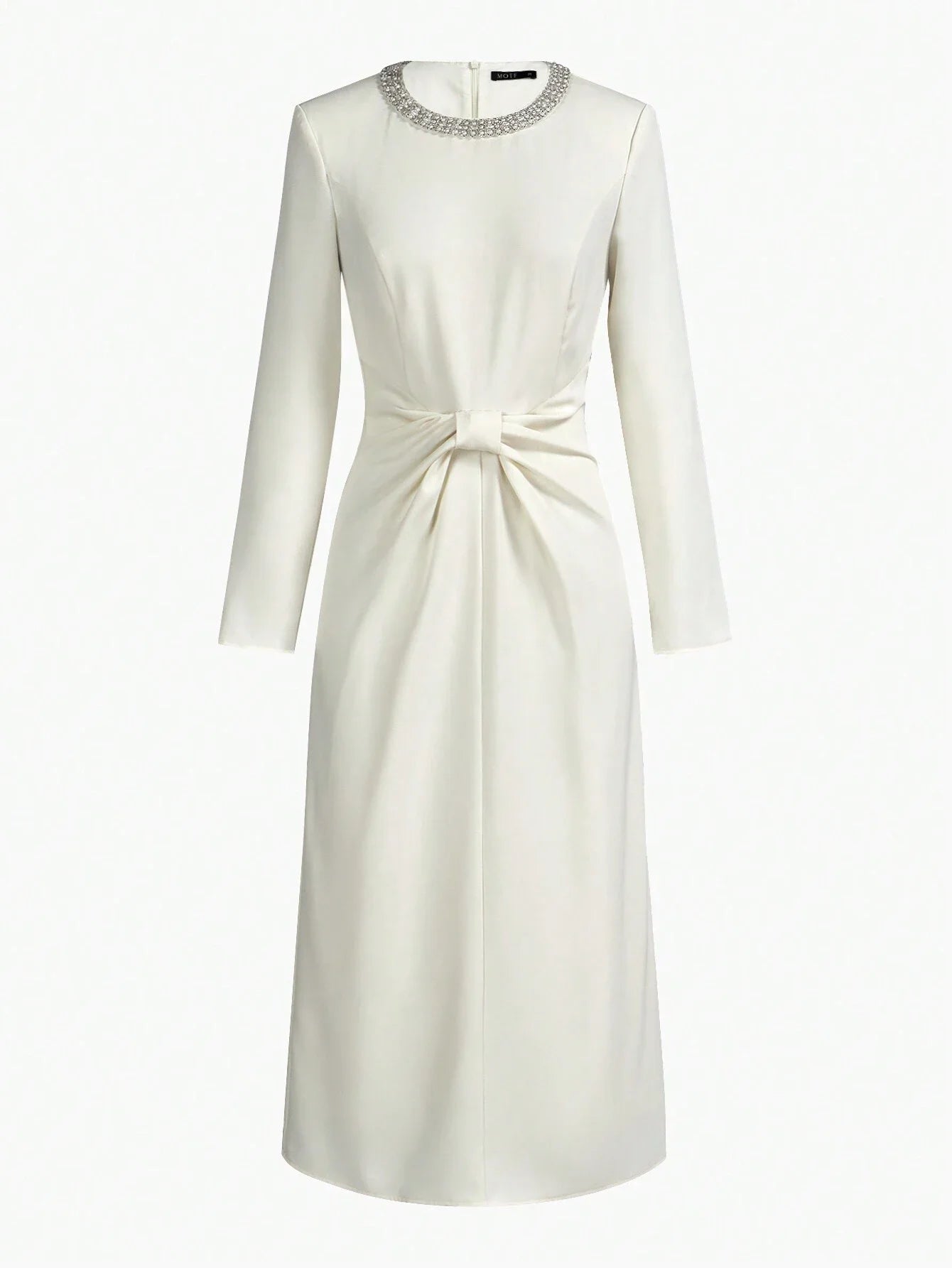 PREMIUM FAUX PEARL AND BEADED DETAIL RUCHED WAIST MIDI DRESS