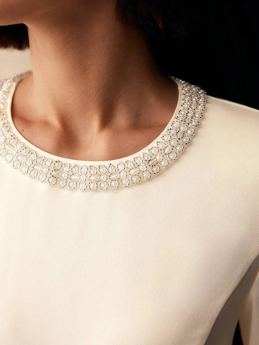 PREMIUM FAUX PEARL AND BEADED DETAIL RUCHED WAIST MIDI DRESS