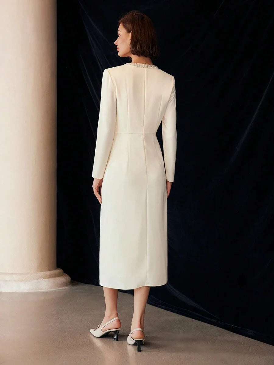 PREMIUM FAUX PEARL AND BEADED DETAIL RUCHED WAIST MIDI DRESS