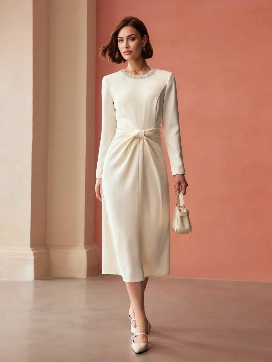 PREMIUM FAUX PEARL AND BEADED DETAIL RUCHED WAIST MIDI DRESS