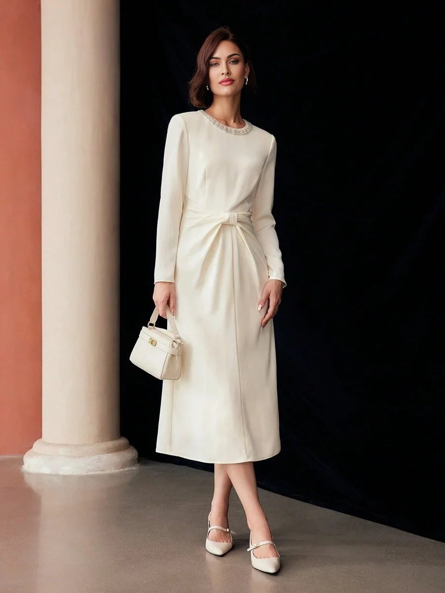 PREMIUM FAUX PEARL AND BEADED DETAIL RUCHED WAIST MIDI DRESS