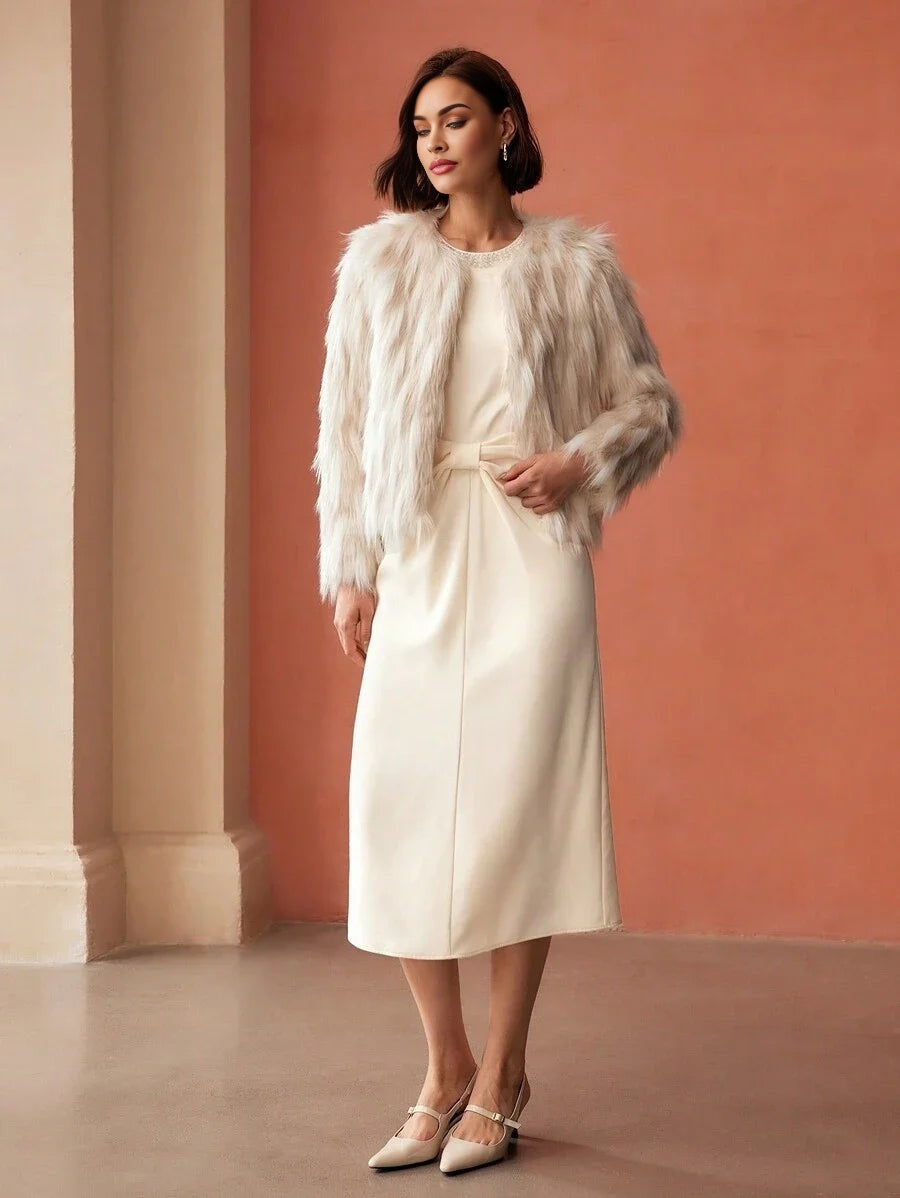 PREMIUM FAUX PEARL AND BEADED DETAIL RUCHED WAIST MIDI DRESS