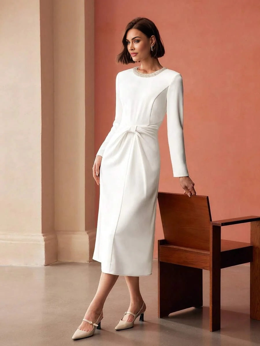 PREMIUM FAUX PEARL AND BEADED DETAIL RUCHED WAIST MIDI DRESS