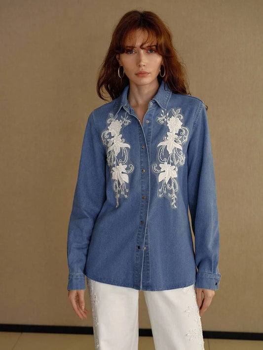 PREMIUM FAUX PEARL AND BEADED EMBROIDERY FLORAL MESH APPLIQUES DETAIL DENIM SHIRT