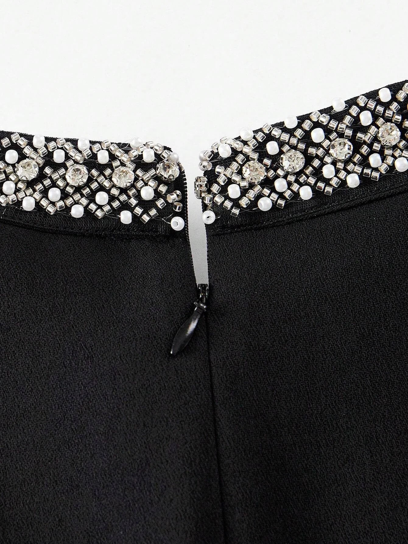 PREMIUM FAUX PEARL AND BEADED MOCK NECK RUCHED WAIST LONG DRESS