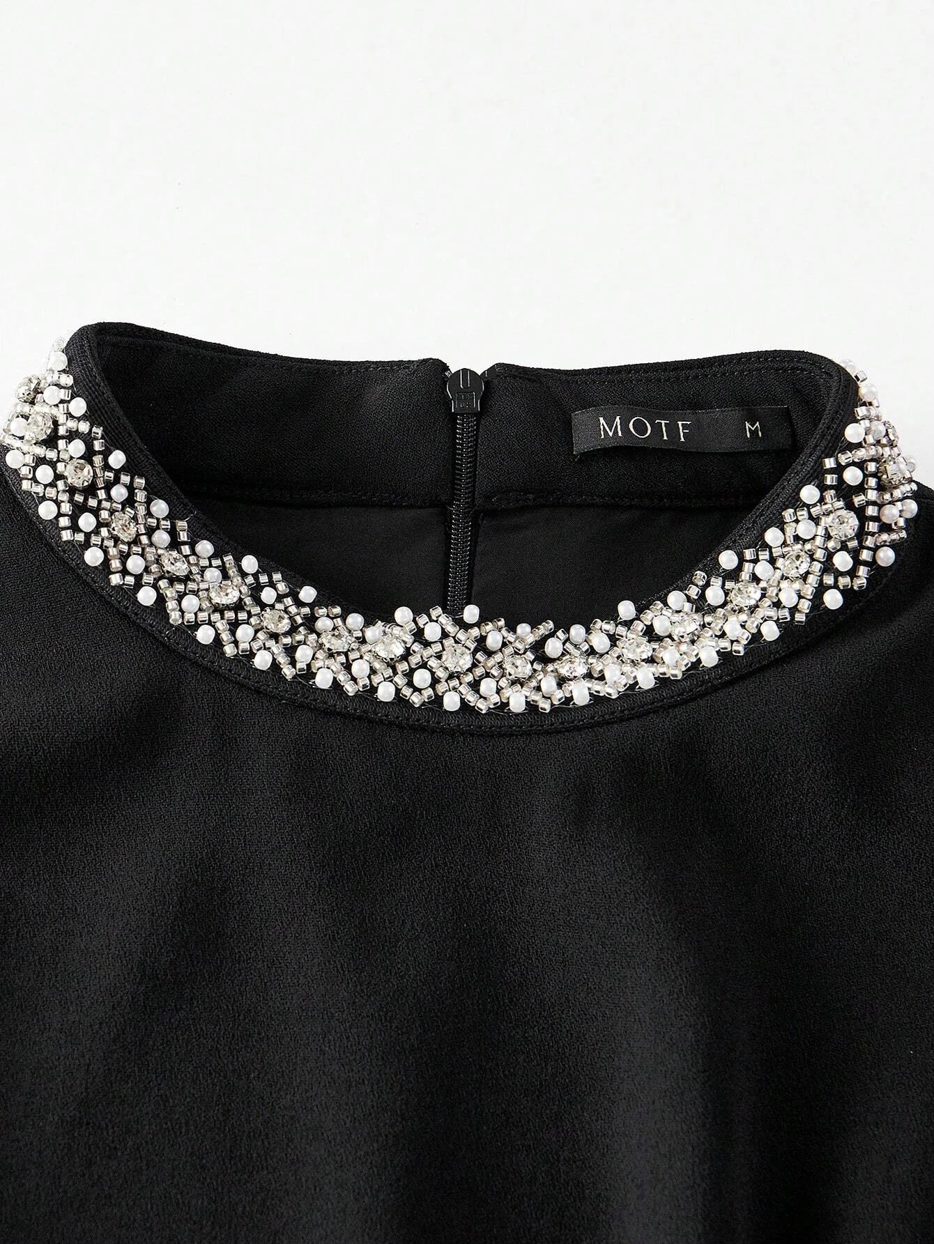 PREMIUM FAUX PEARL AND BEADED MOCK NECK RUCHED WAIST LONG DRESS