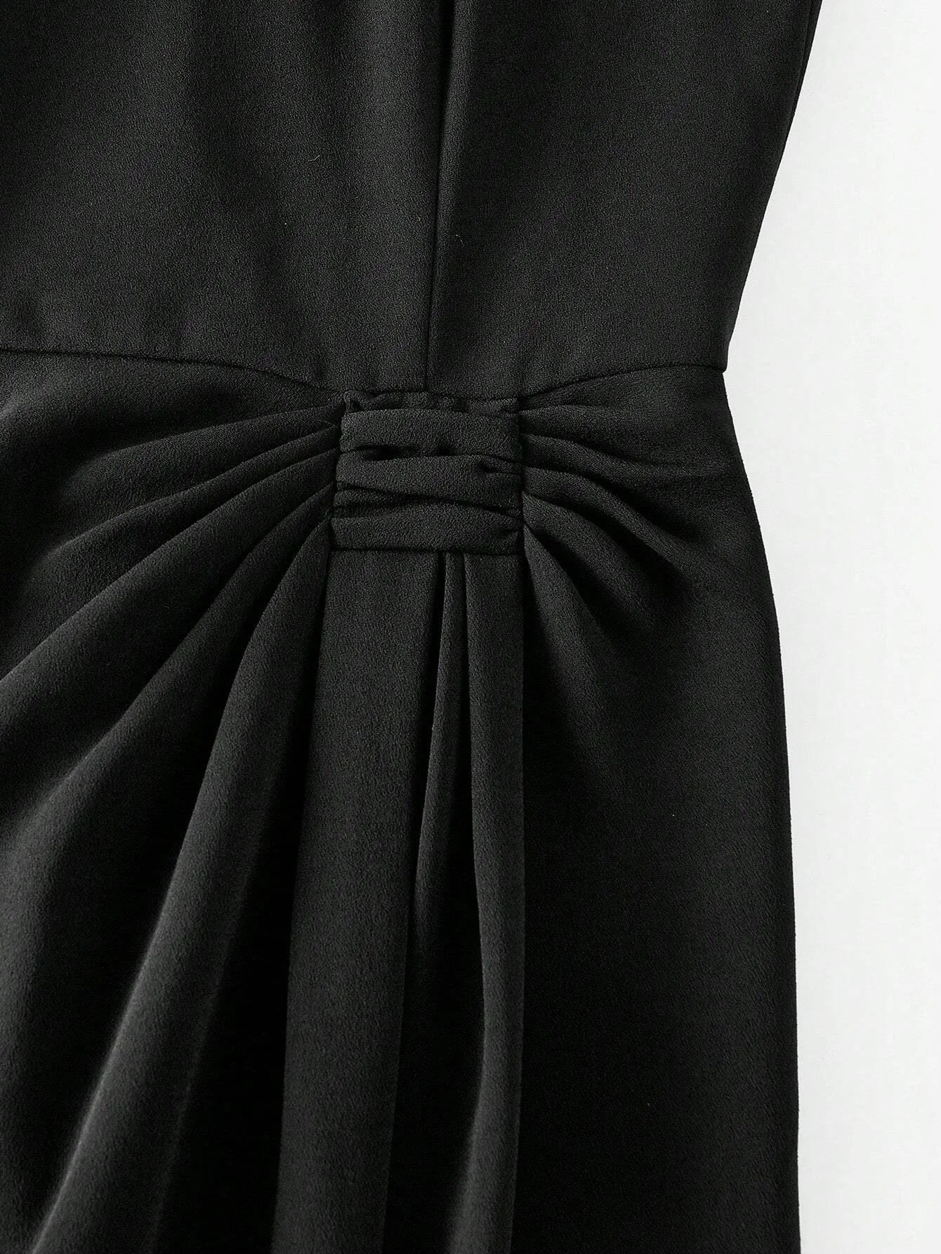 PREMIUM FAUX PEARL AND BEADED MOCK NECK RUCHED WAIST LONG DRESS