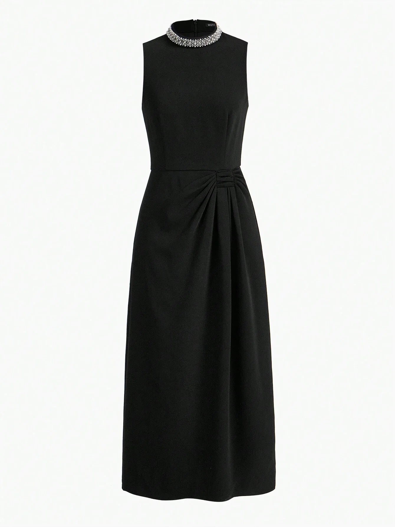 PREMIUM FAUX PEARL AND BEADED MOCK NECK RUCHED WAIST LONG DRESS