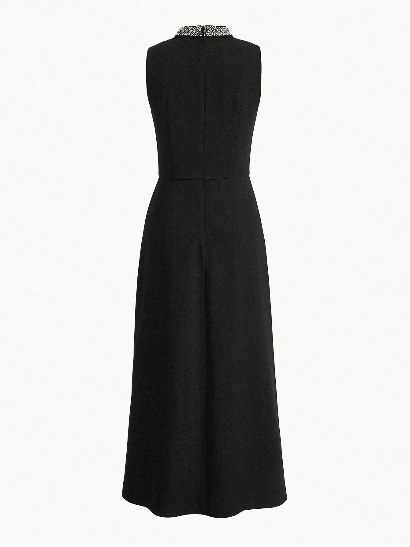 PREMIUM FAUX PEARL AND BEADED MOCK NECK RUCHED WAIST LONG DRESS