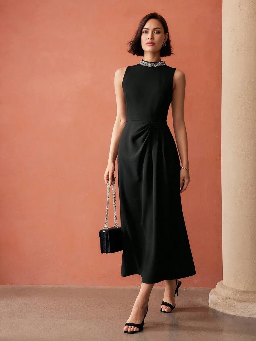 PREMIUM FAUX PEARL AND BEADED MOCK NECK RUCHED WAIST LONG DRESS