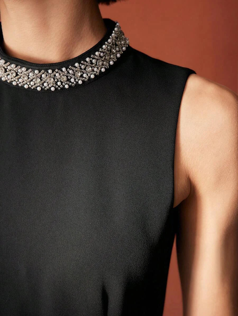 PREMIUM FAUX PEARL AND BEADED MOCK NECK RUCHED WAIST LONG DRESS