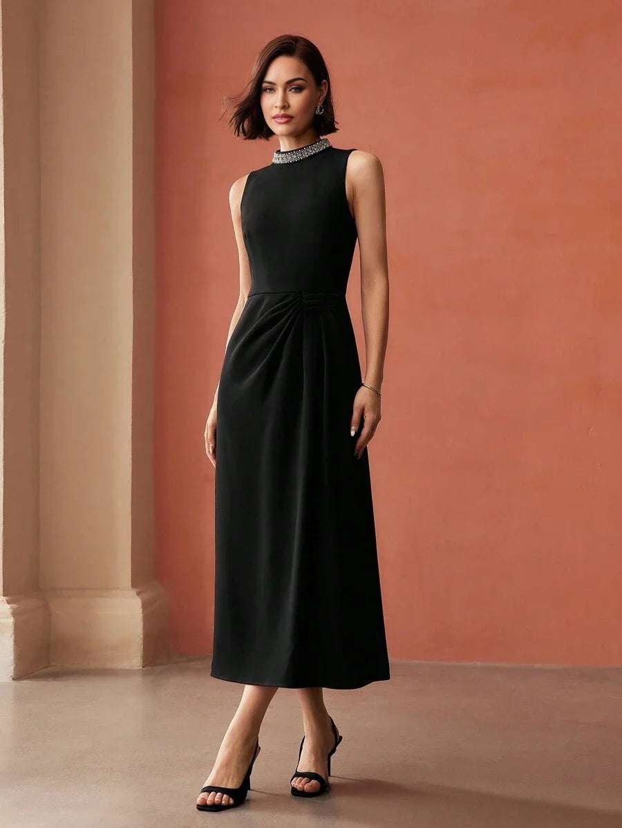 PREMIUM FAUX PEARL AND BEADED MOCK NECK RUCHED WAIST LONG DRESS