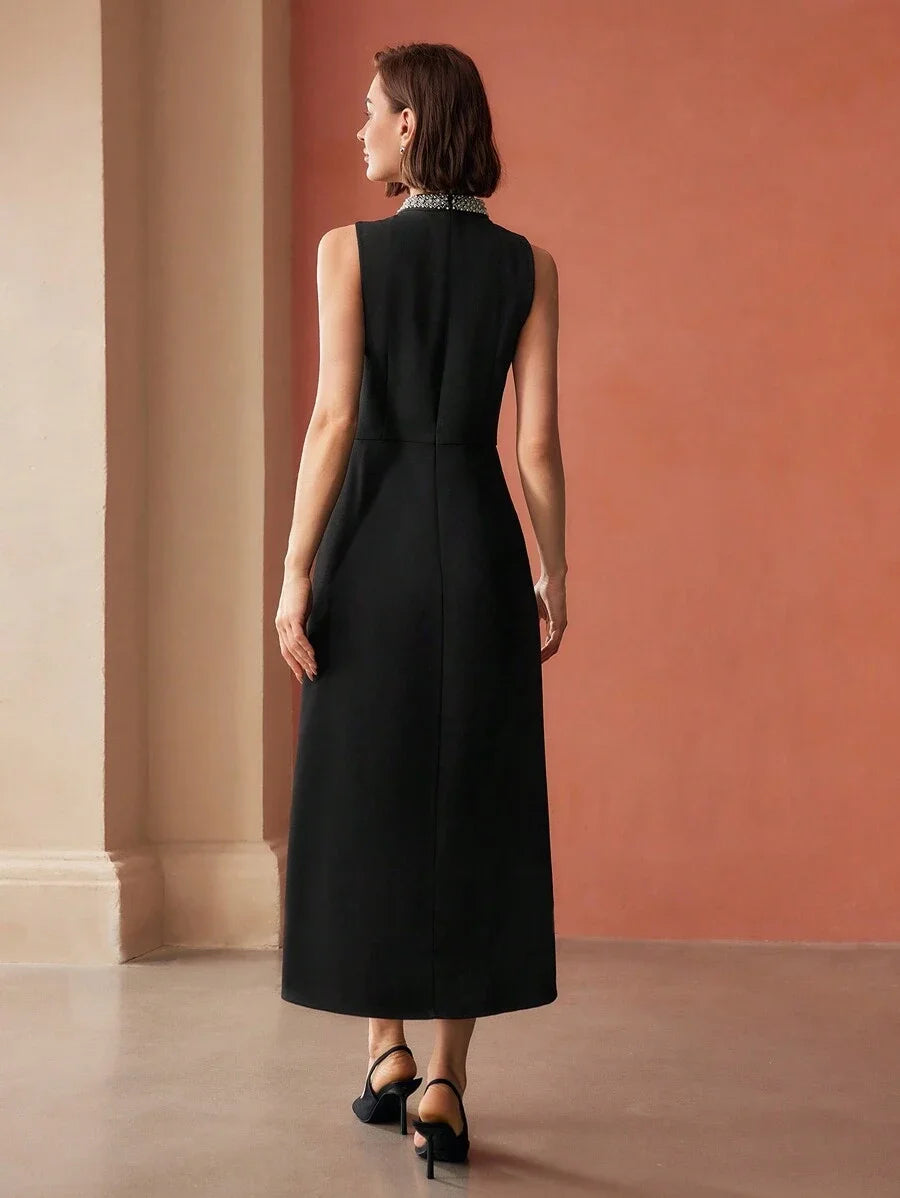 PREMIUM FAUX PEARL AND BEADED MOCK NECK RUCHED WAIST LONG DRESS