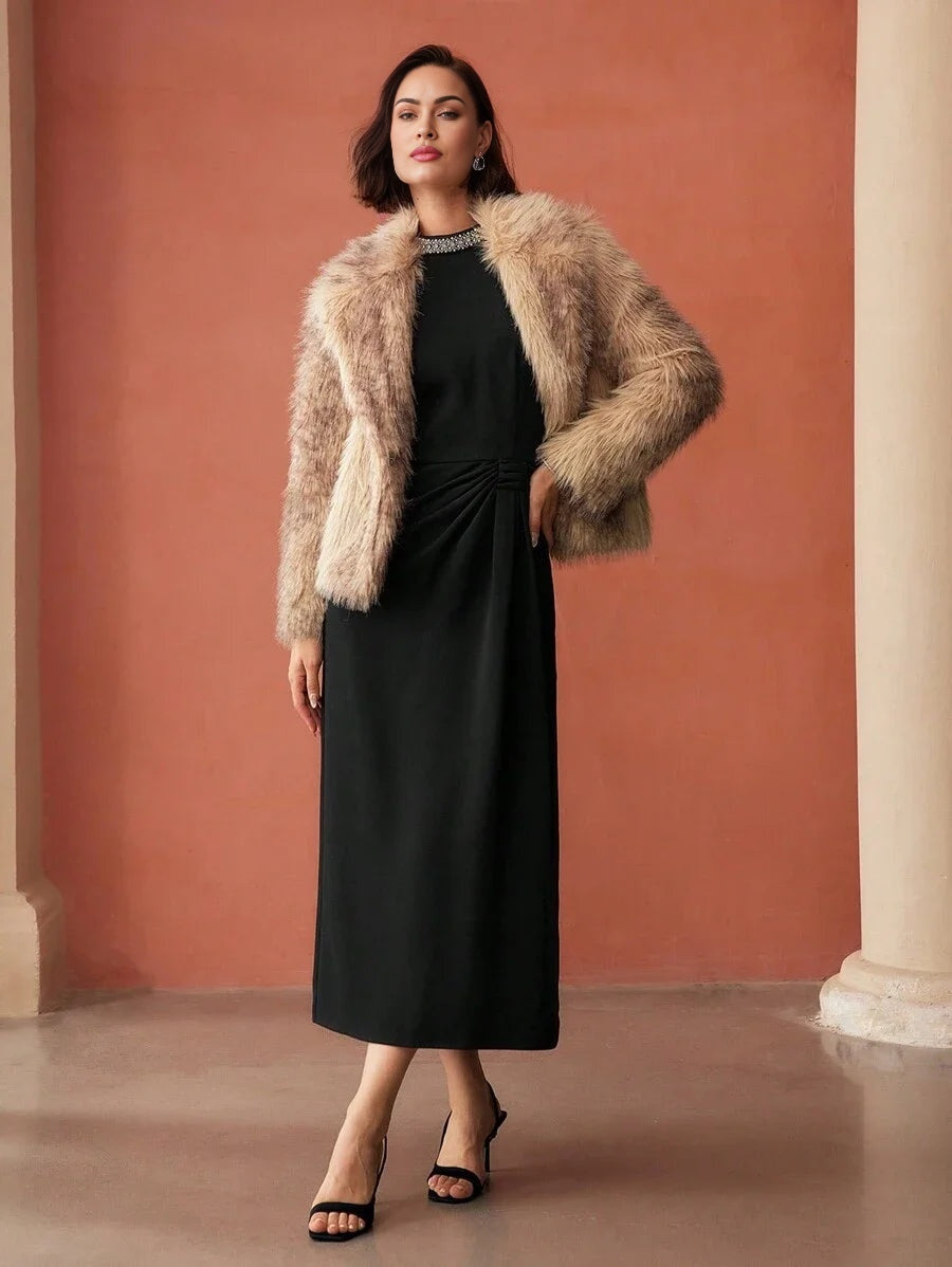 PREMIUM FAUX PEARL AND BEADED MOCK NECK RUCHED WAIST LONG DRESS