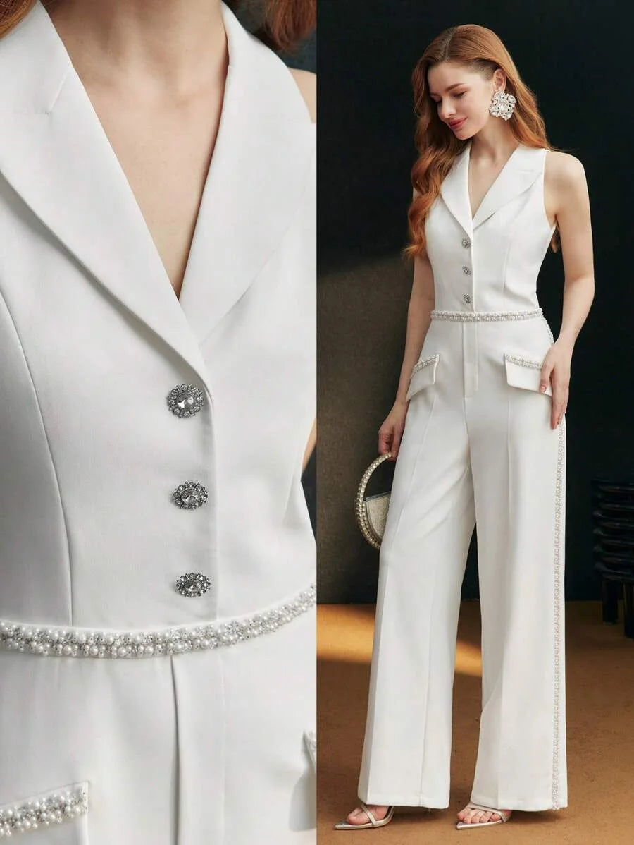 PREMIUM FAUX PEARL BEADED PRESS CREASE JUMPSUIT