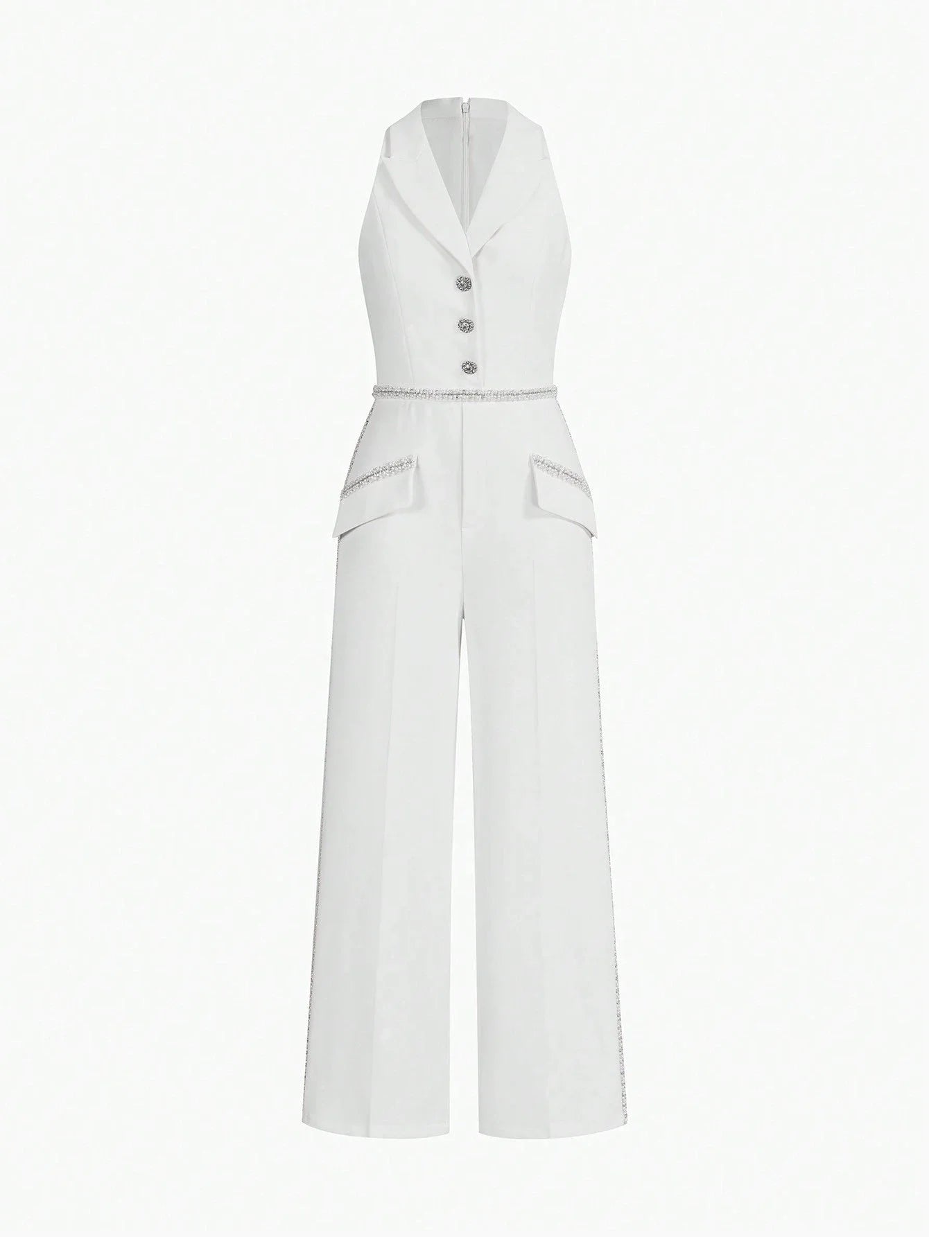 PREMIUM FAUX PEARL BEADED PRESS CREASE JUMPSUIT