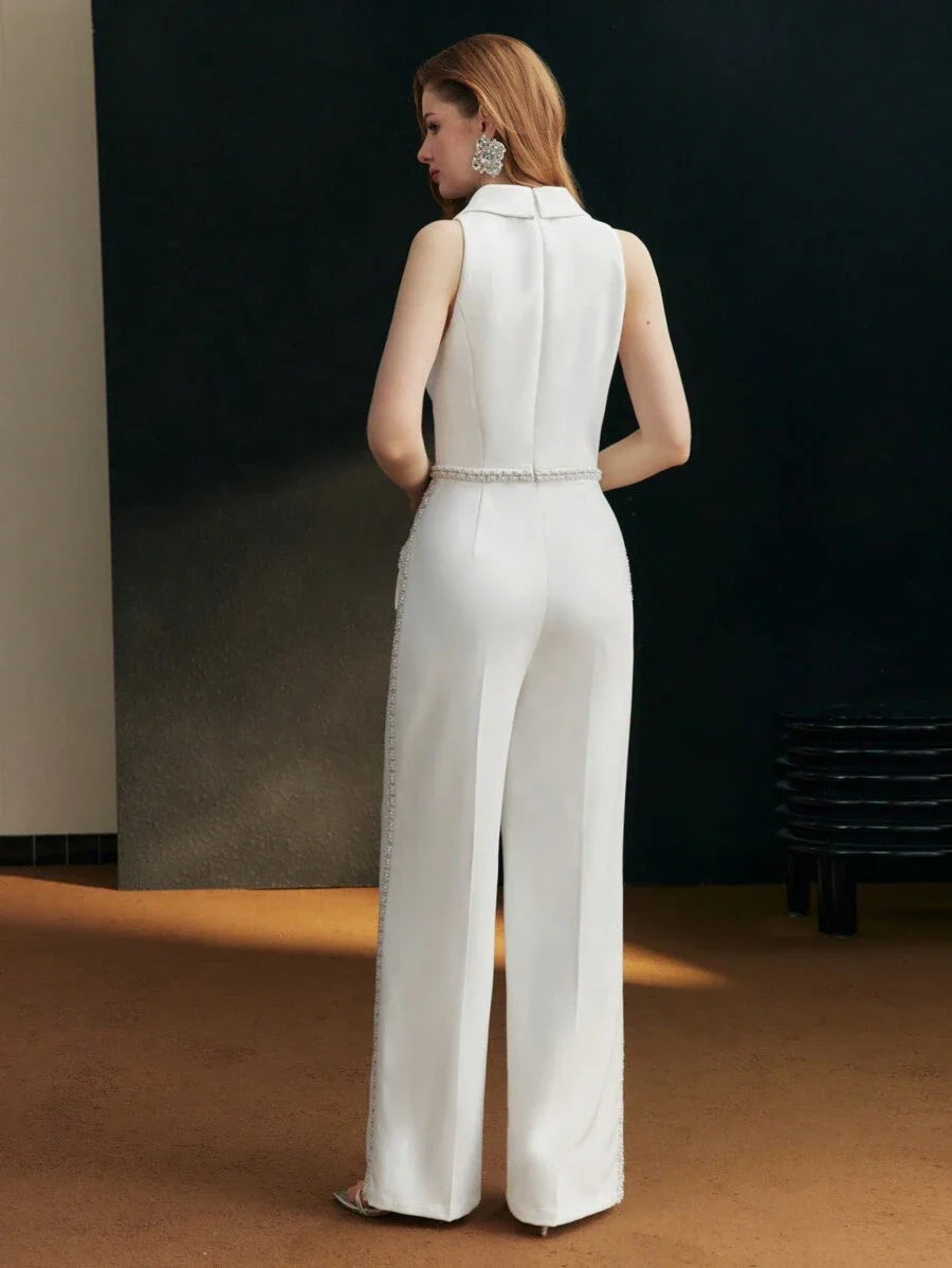 PREMIUM FAUX PEARL BEADED PRESS CREASE JUMPSUIT