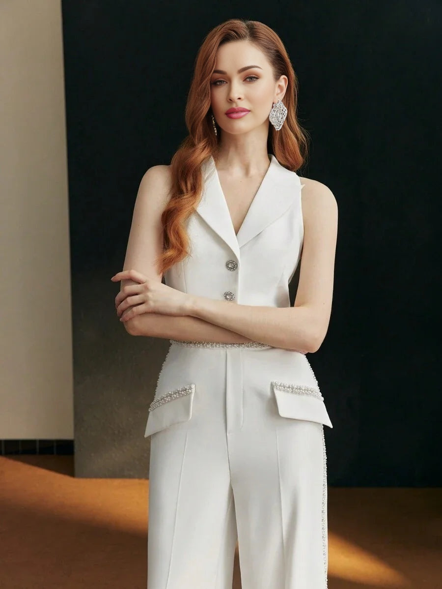 PREMIUM FAUX PEARL BEADED PRESS CREASE JUMPSUIT