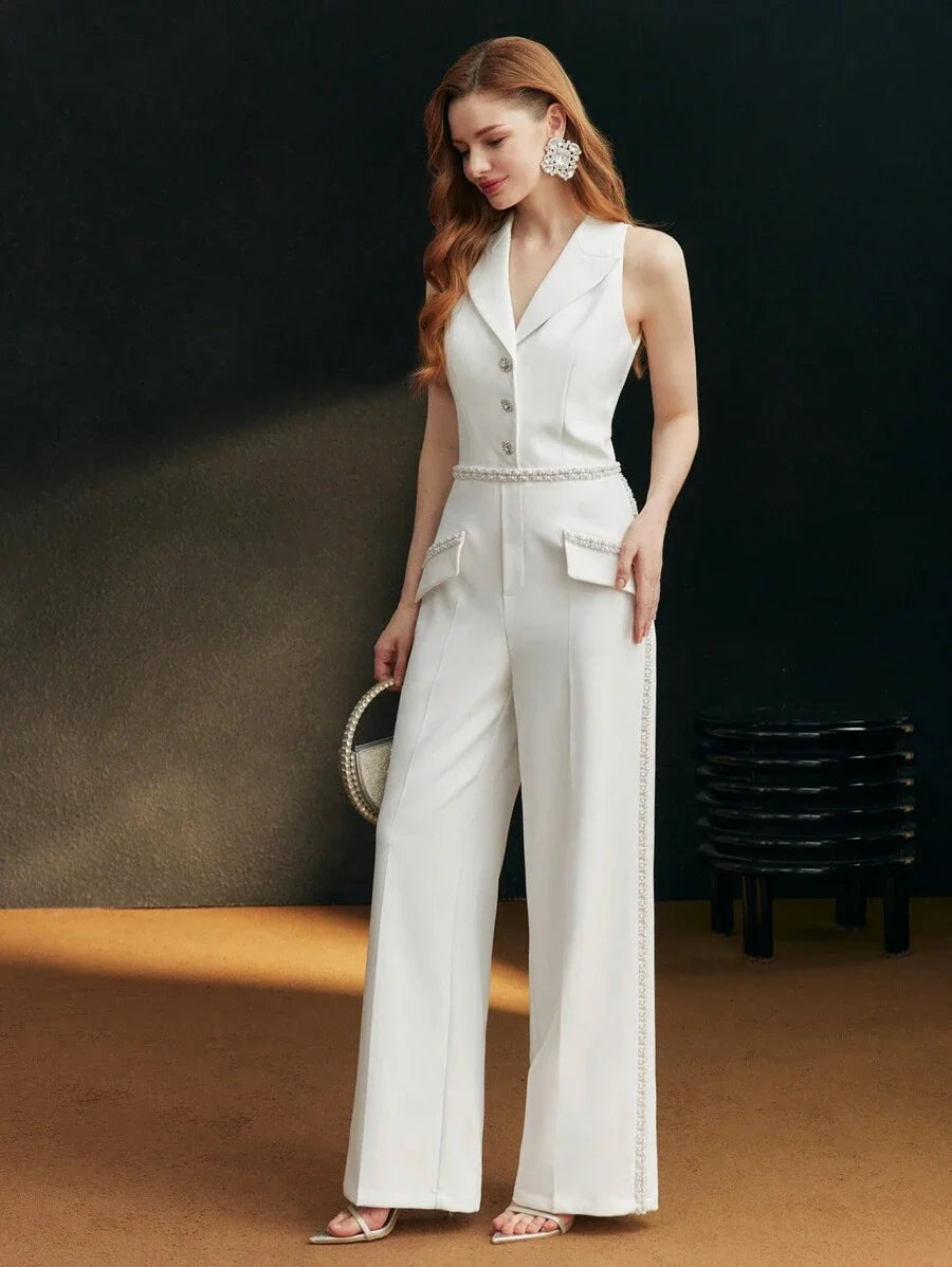 PREMIUM FAUX PEARL BEADED PRESS CREASE JUMPSUIT