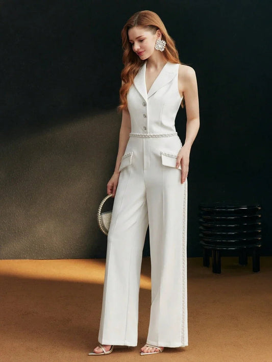 PREMIUM FAUX PEARL BEADED PRESS CREASE JUMPSUIT