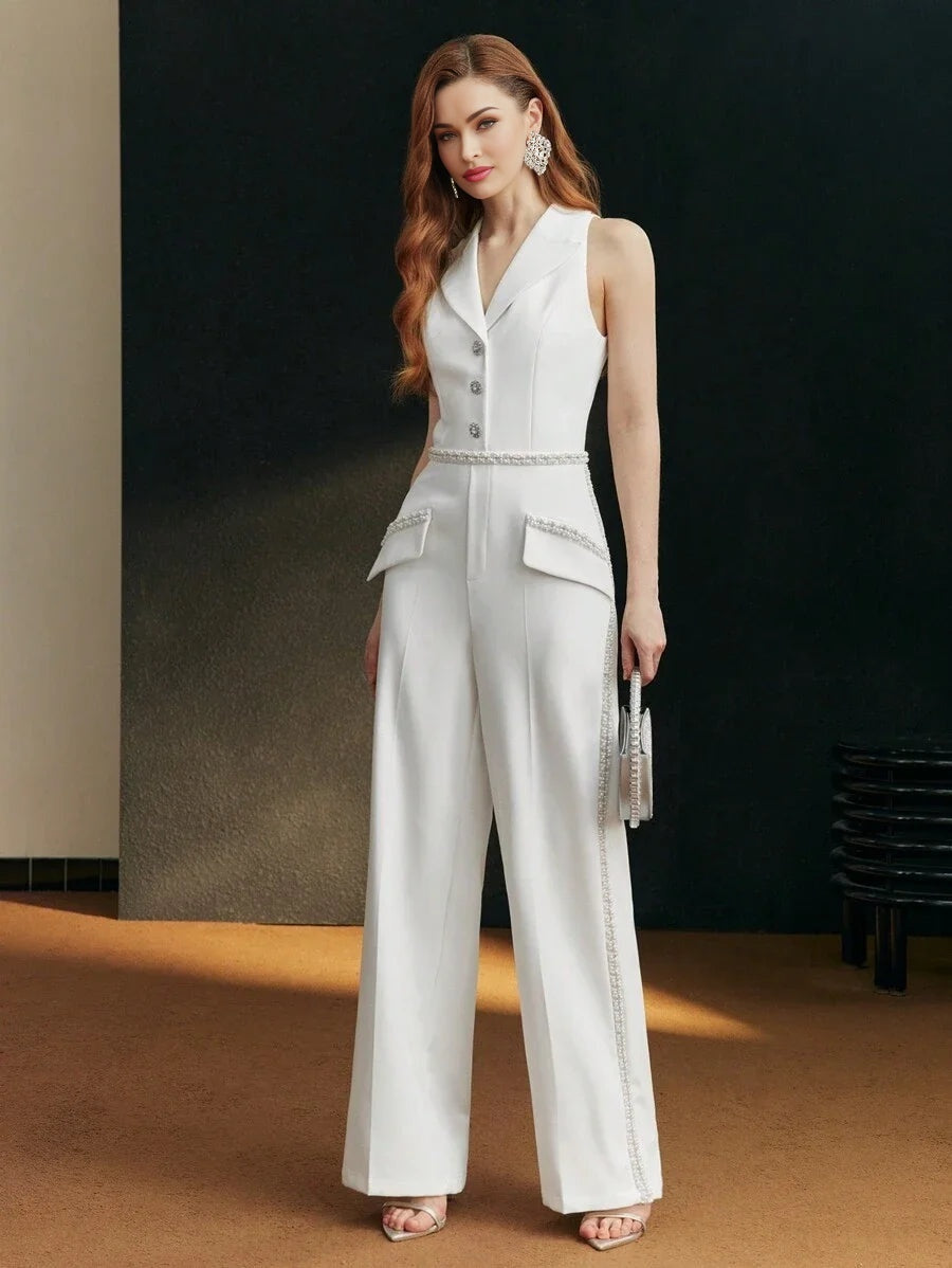 PREMIUM FAUX PEARL BEADED PRESS CREASE JUMPSUIT