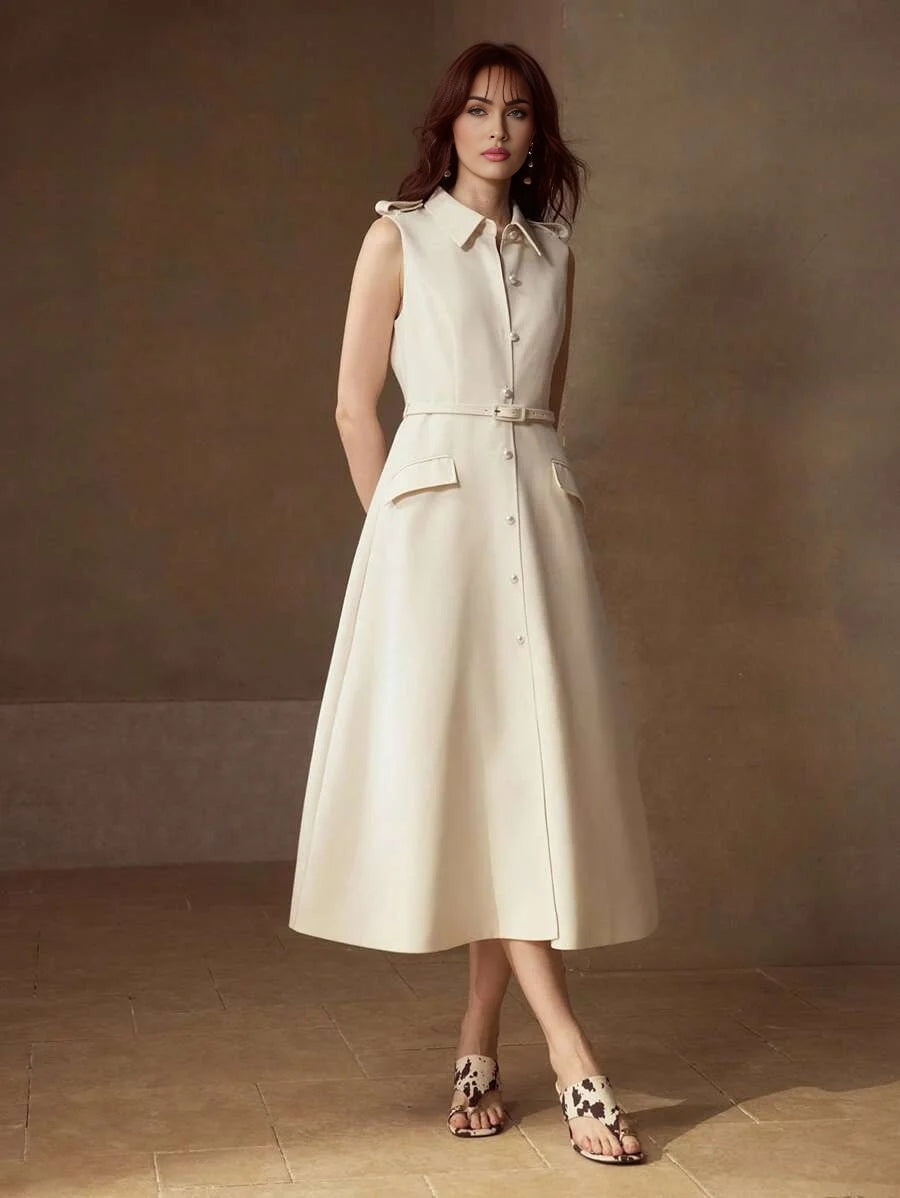 PREMIUM FAUX PEARL BUTTON BELTED DRESS