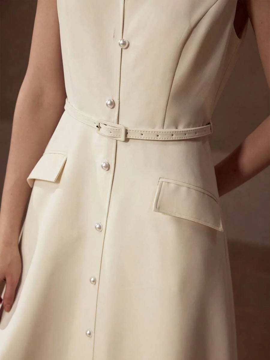 PREMIUM FAUX PEARL BUTTON BELTED DRESS
