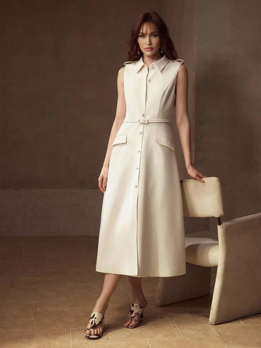 PREMIUM FAUX PEARL BUTTON BELTED DRESS