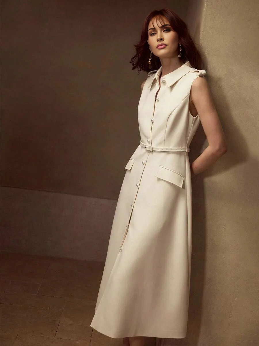 PREMIUM FAUX PEARL BUTTON BELTED DRESS