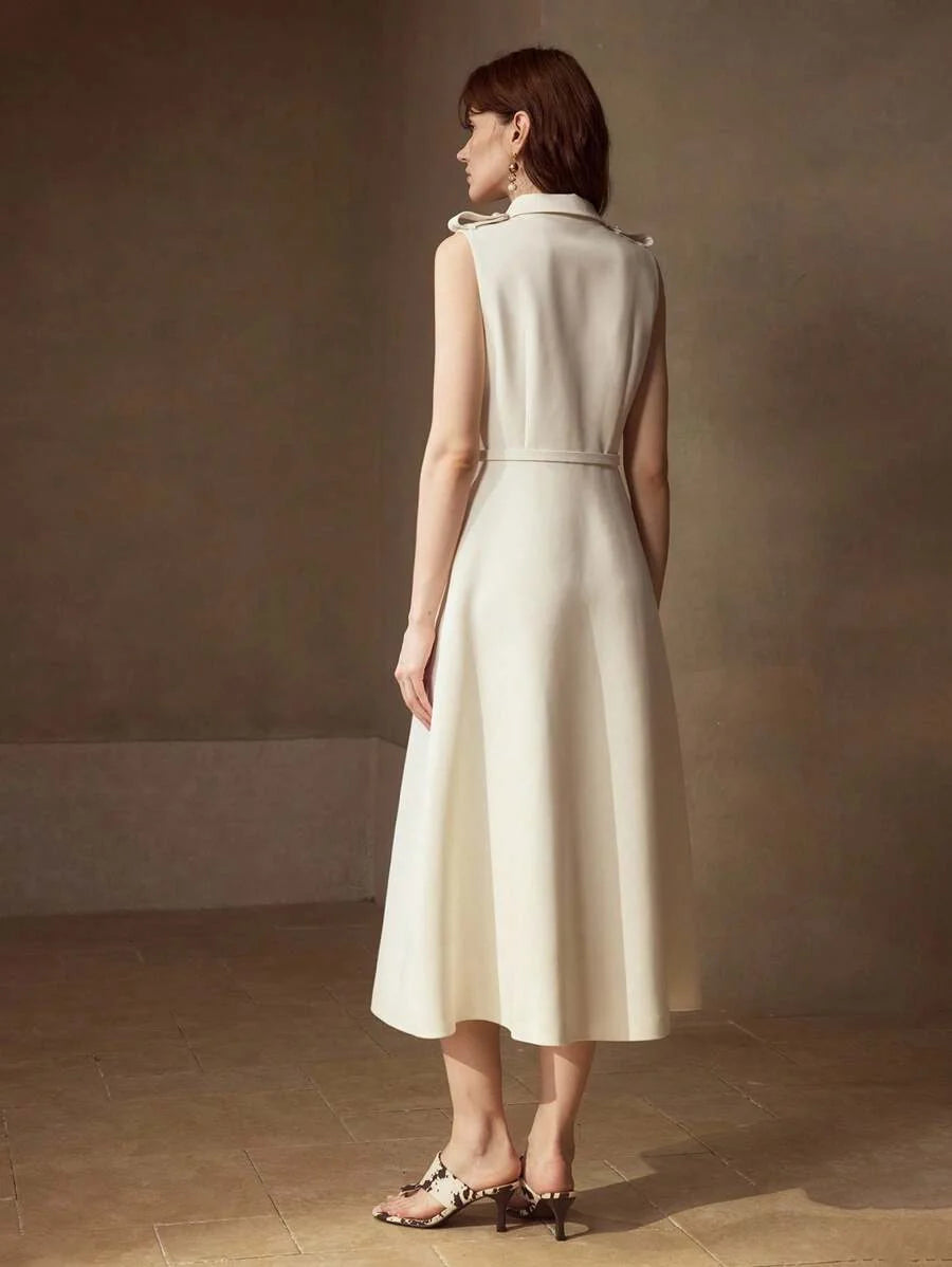 PREMIUM FAUX PEARL BUTTON BELTED DRESS