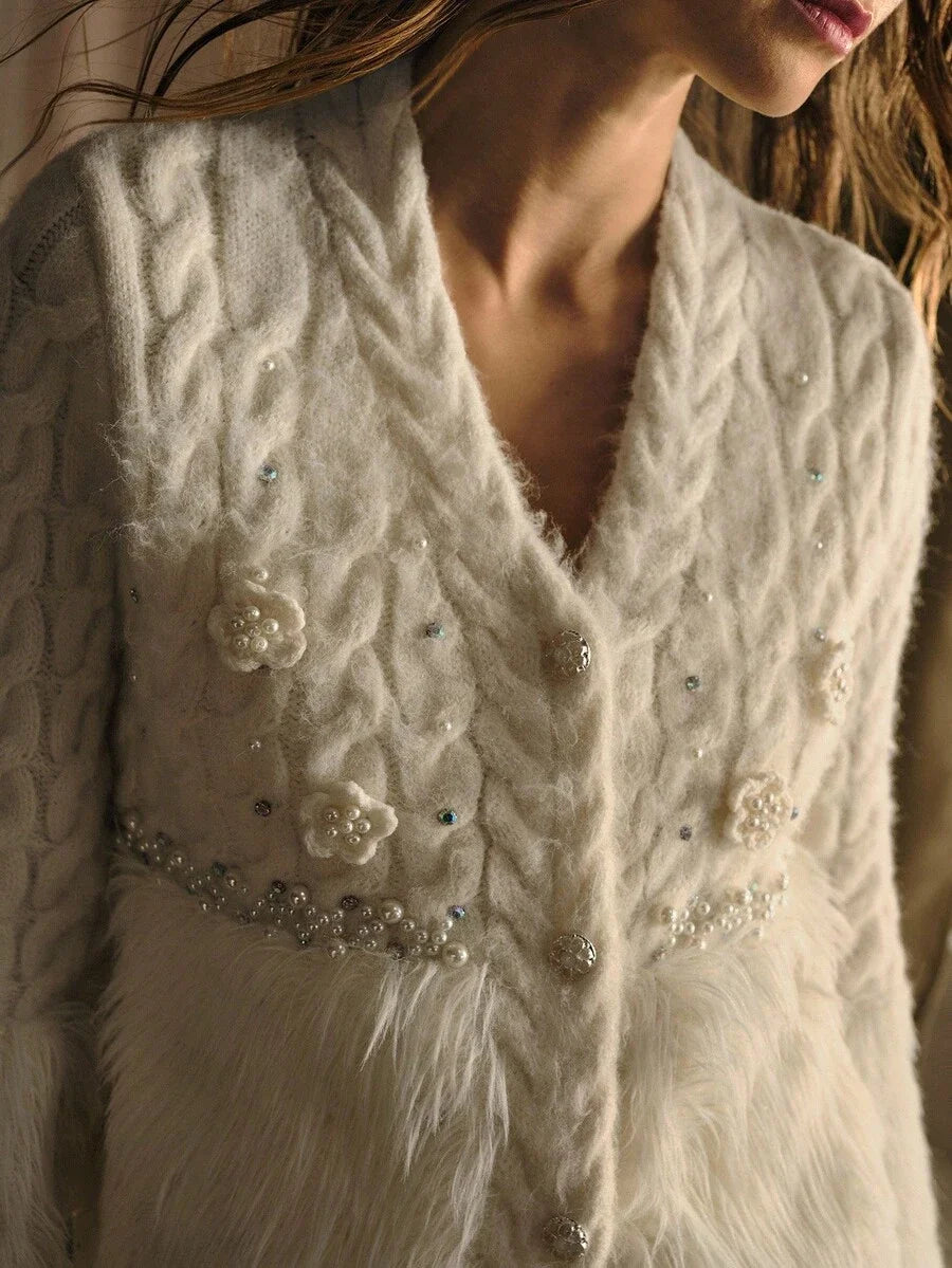PREMIUM FAUX PEARL DETAIL BUTTON UP CARDIGAN FOR WINTER