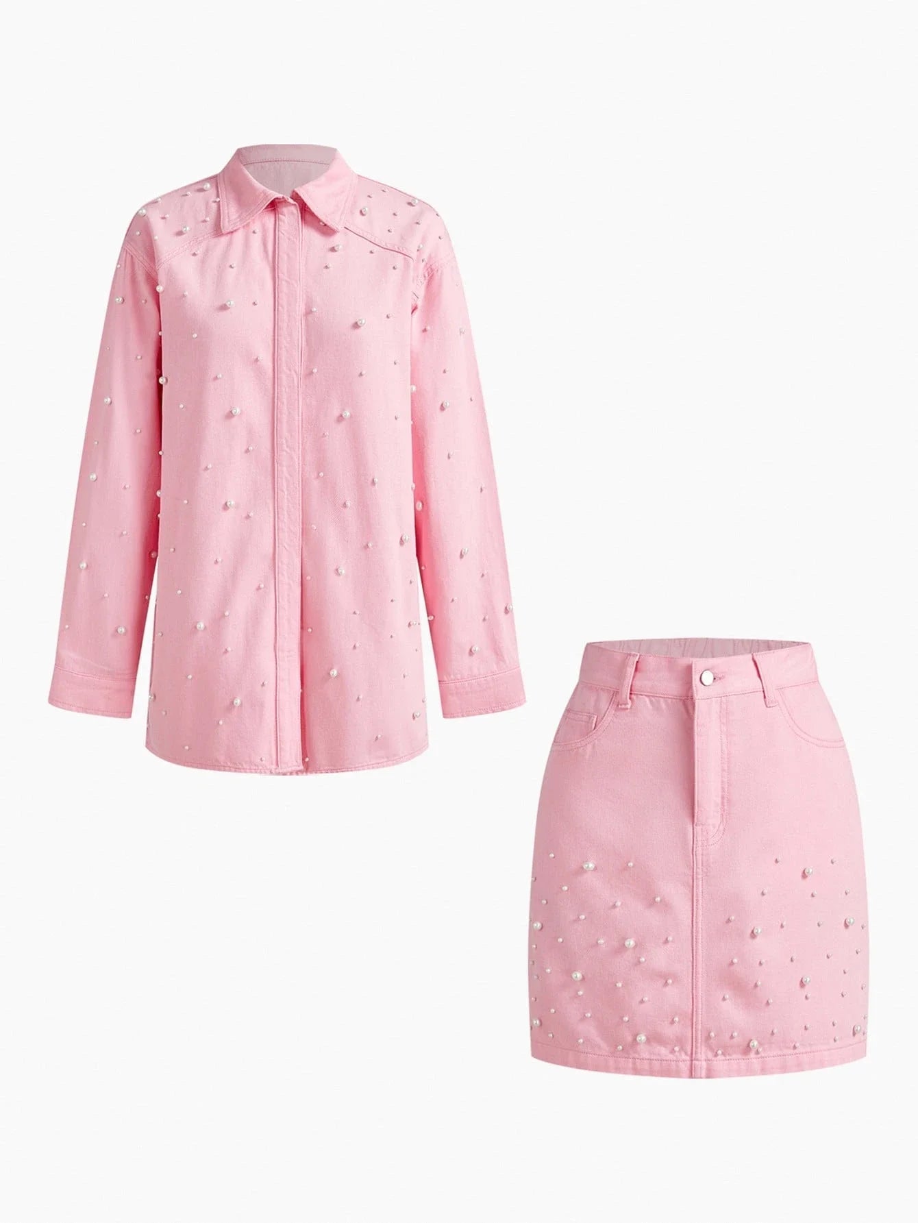 PREMIUM FAUX PEARL DETAIL DENIM SHIRT amp SKIRT SET