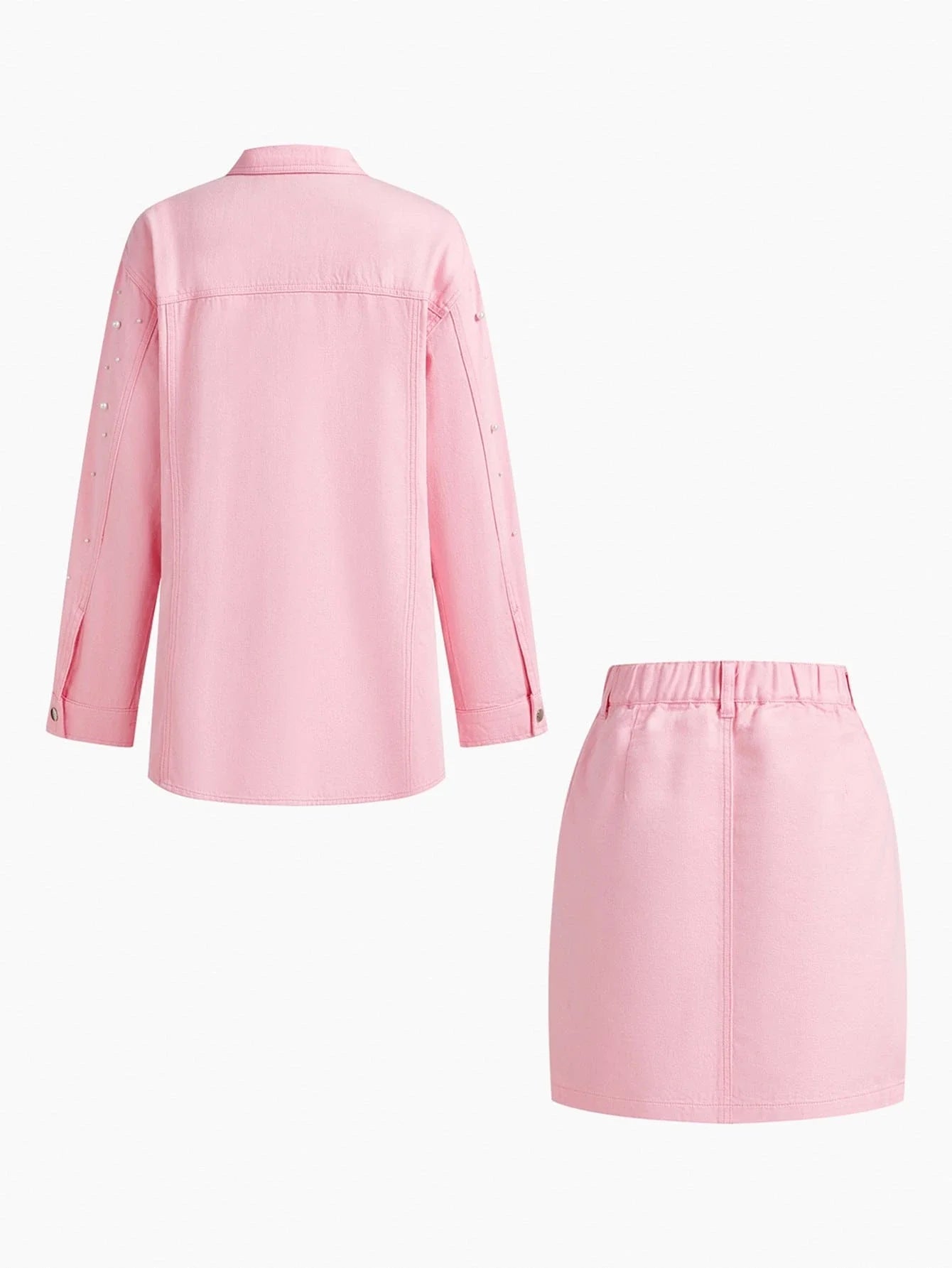 PREMIUM FAUX PEARL DETAIL DENIM SHIRT amp SKIRT SET