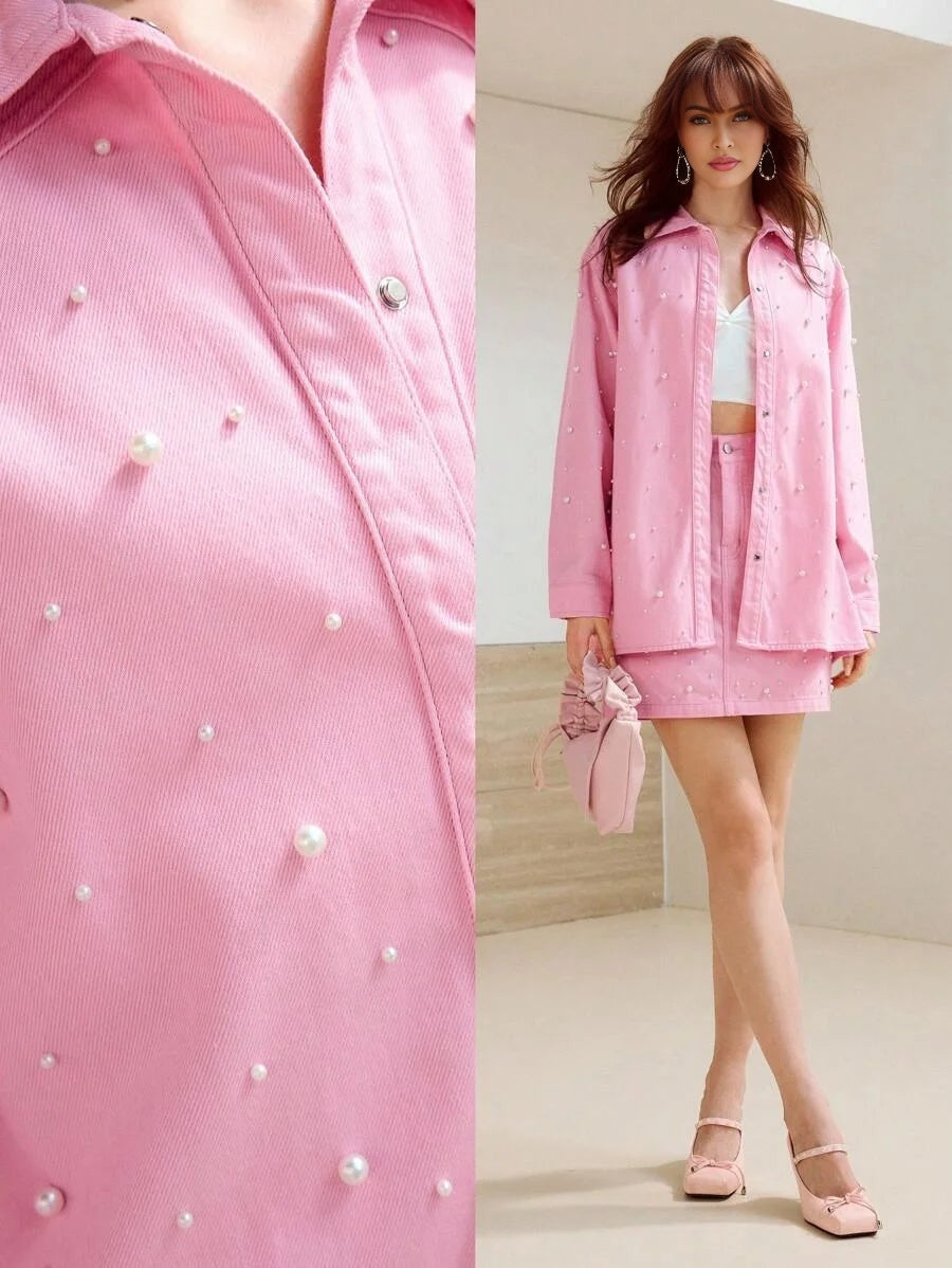 PREMIUM FAUX PEARL DETAIL DENIM SHIRT amp SKIRT SET