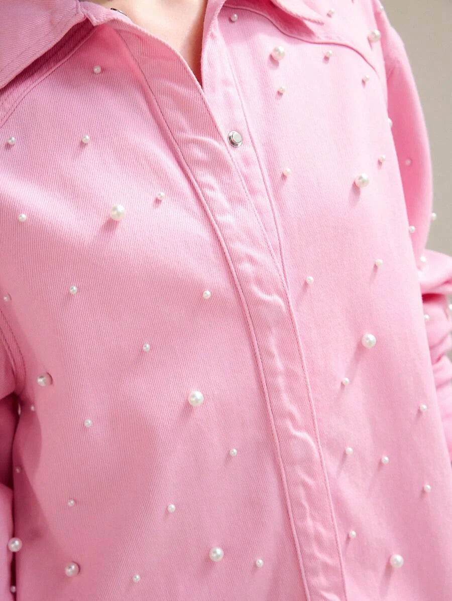 PREMIUM FAUX PEARL DETAIL DENIM SHIRT amp SKIRT SET