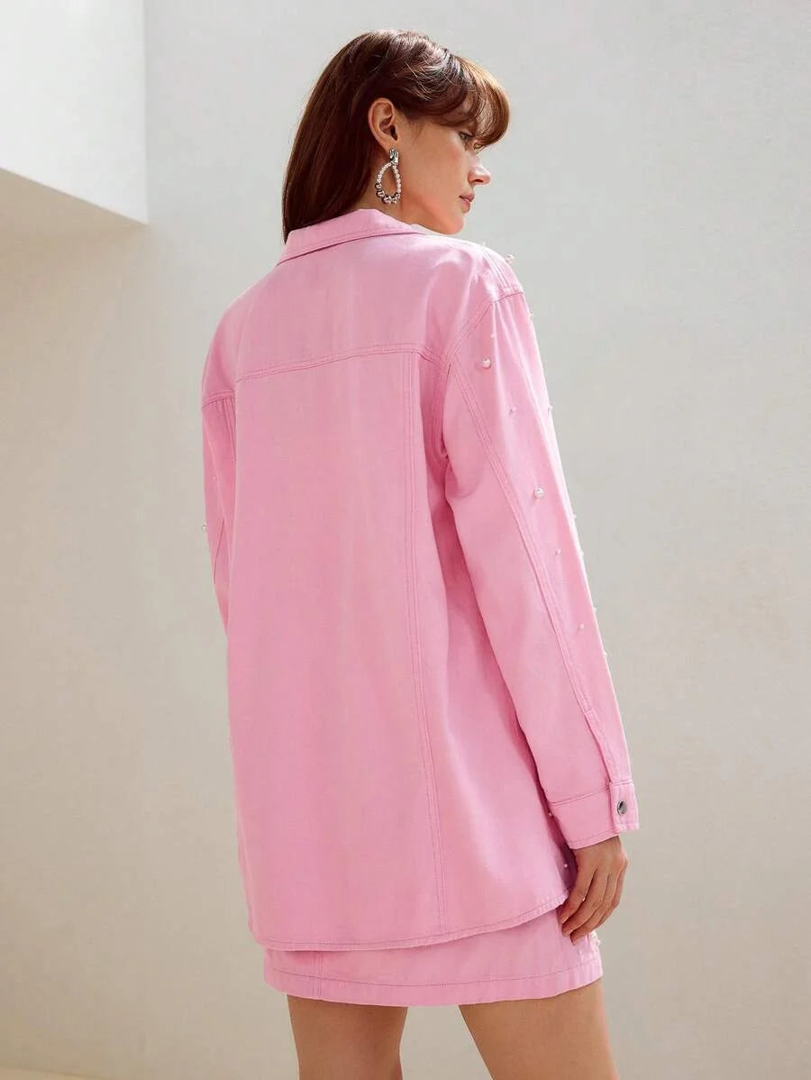 PREMIUM FAUX PEARL DETAIL DENIM SHIRT amp SKIRT SET