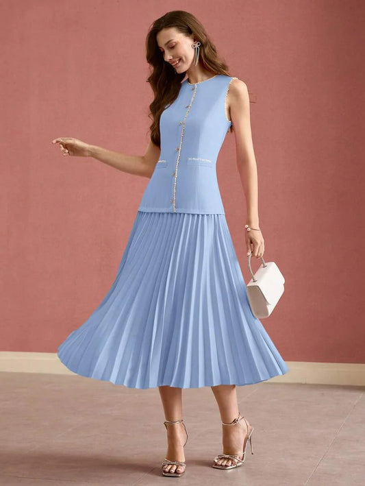 PREMIUM FAUX PEARL DETAIL PLEATED DRESS