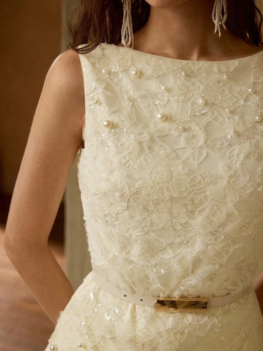 PREMIUM FAUX PEARL DETAIL PLEATED DRESS