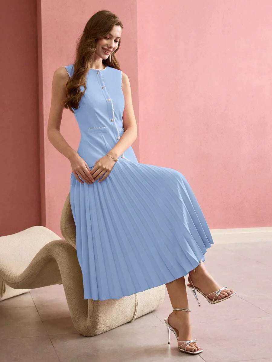 PREMIUM FAUX PEARL DETAIL PLEATED DRESS