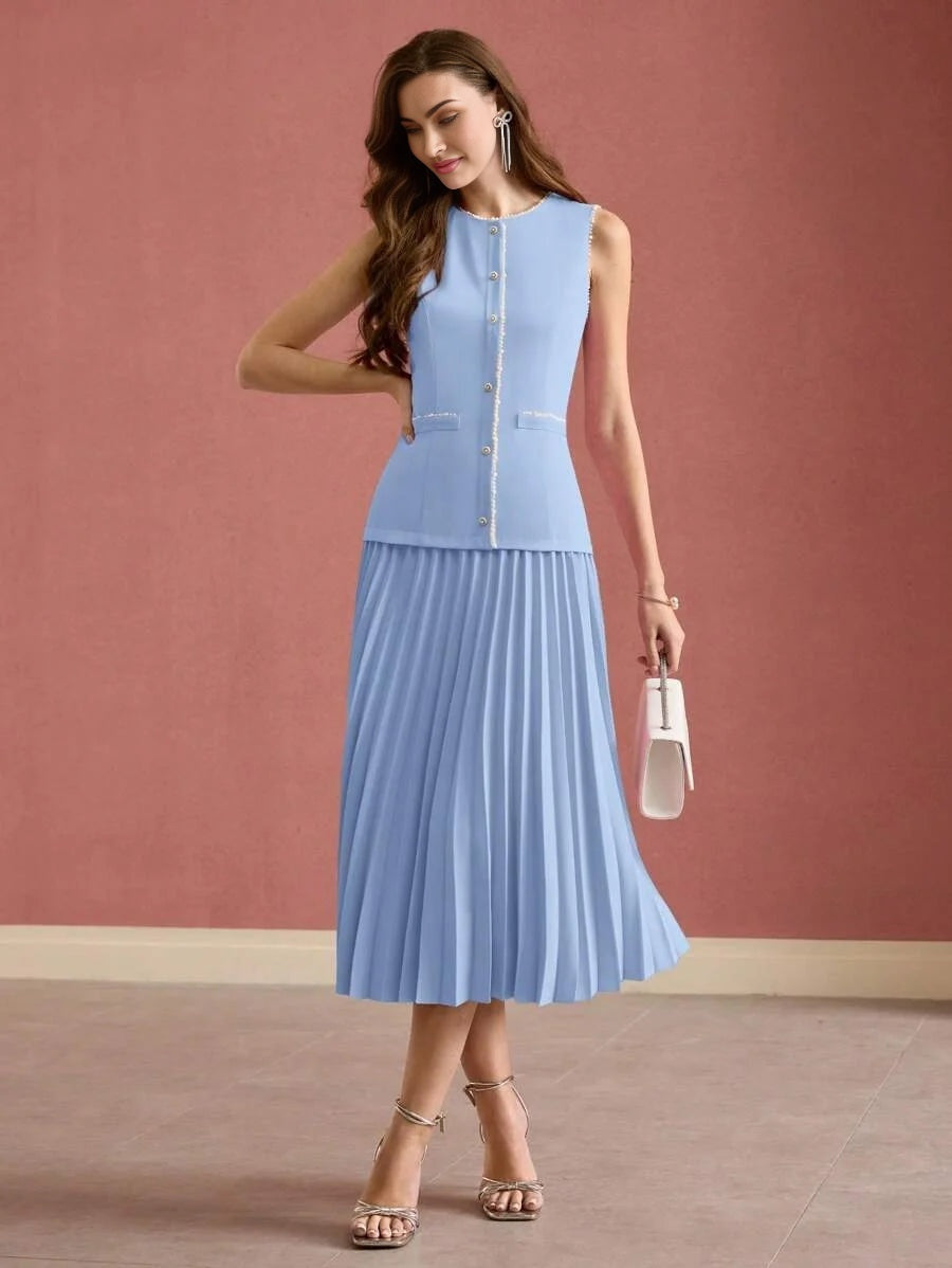 PREMIUM FAUX PEARL DETAIL PLEATED DRESS