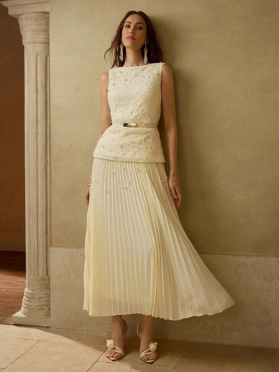 PREMIUM FAUX PEARL DETAIL PLEATED DRESS